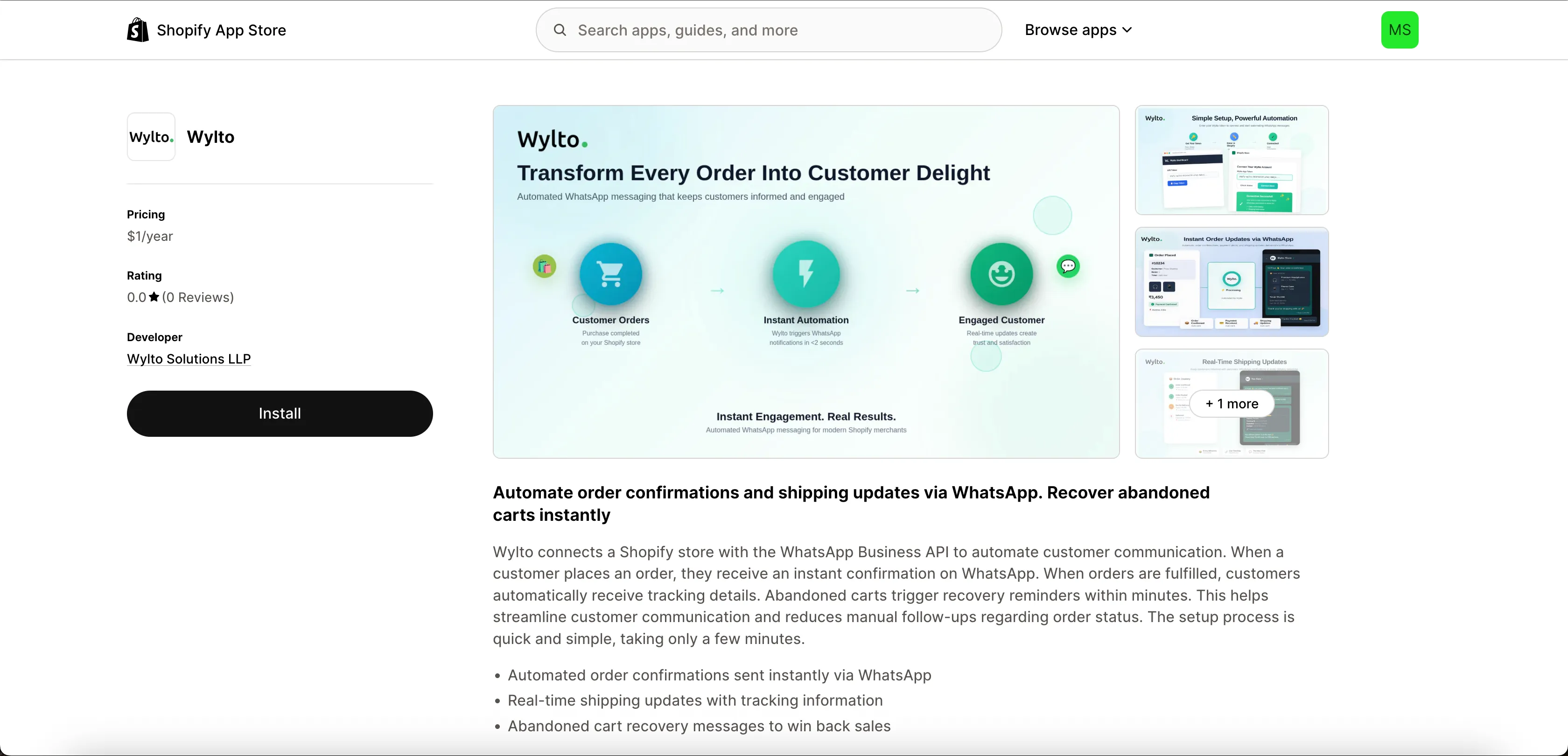 The Wylto listing — click Install to add it to your store.