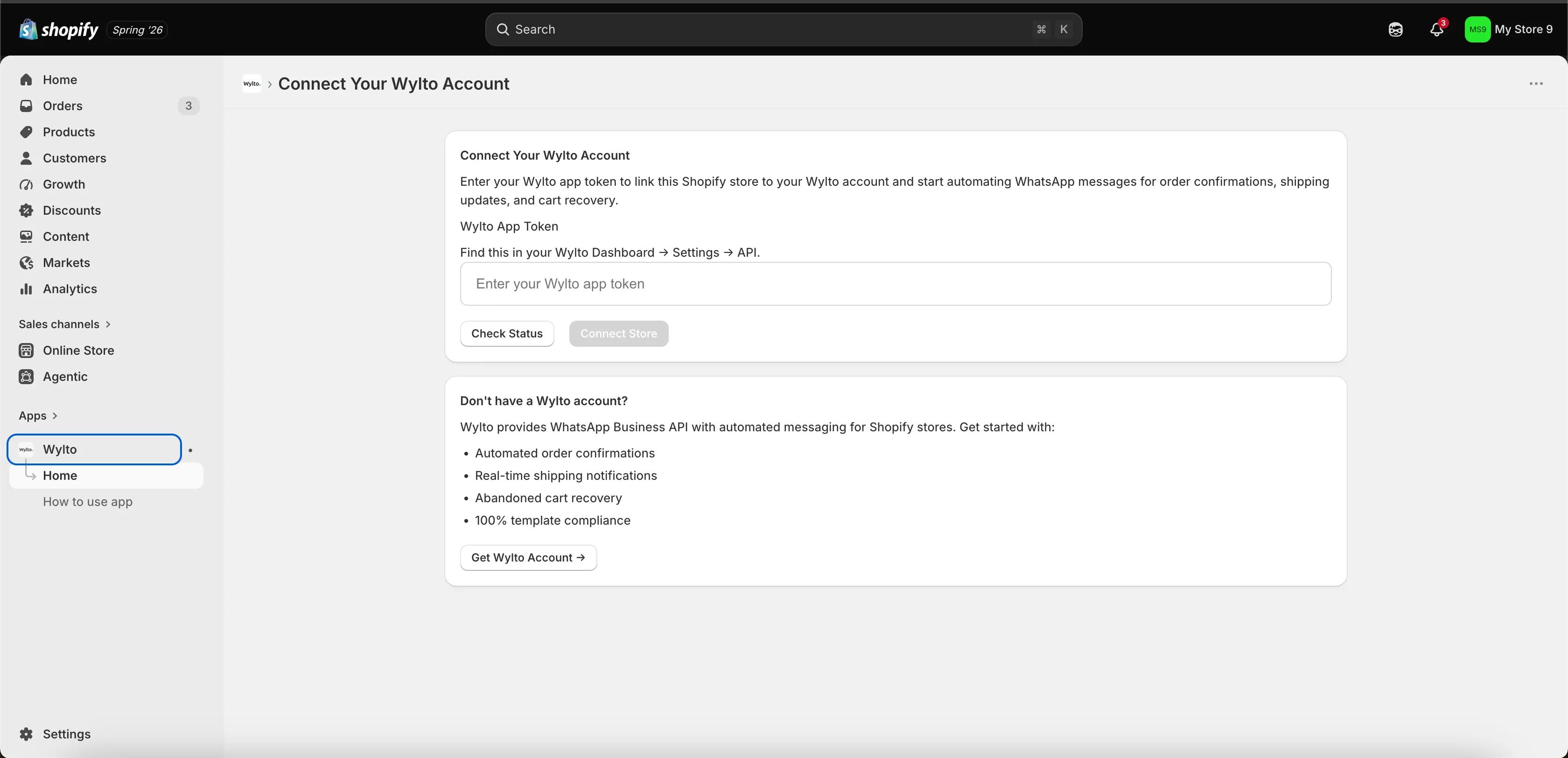 The Connect Your Wylto Account screen inside Shopify — paste your App Token into the field and click Connect Store.