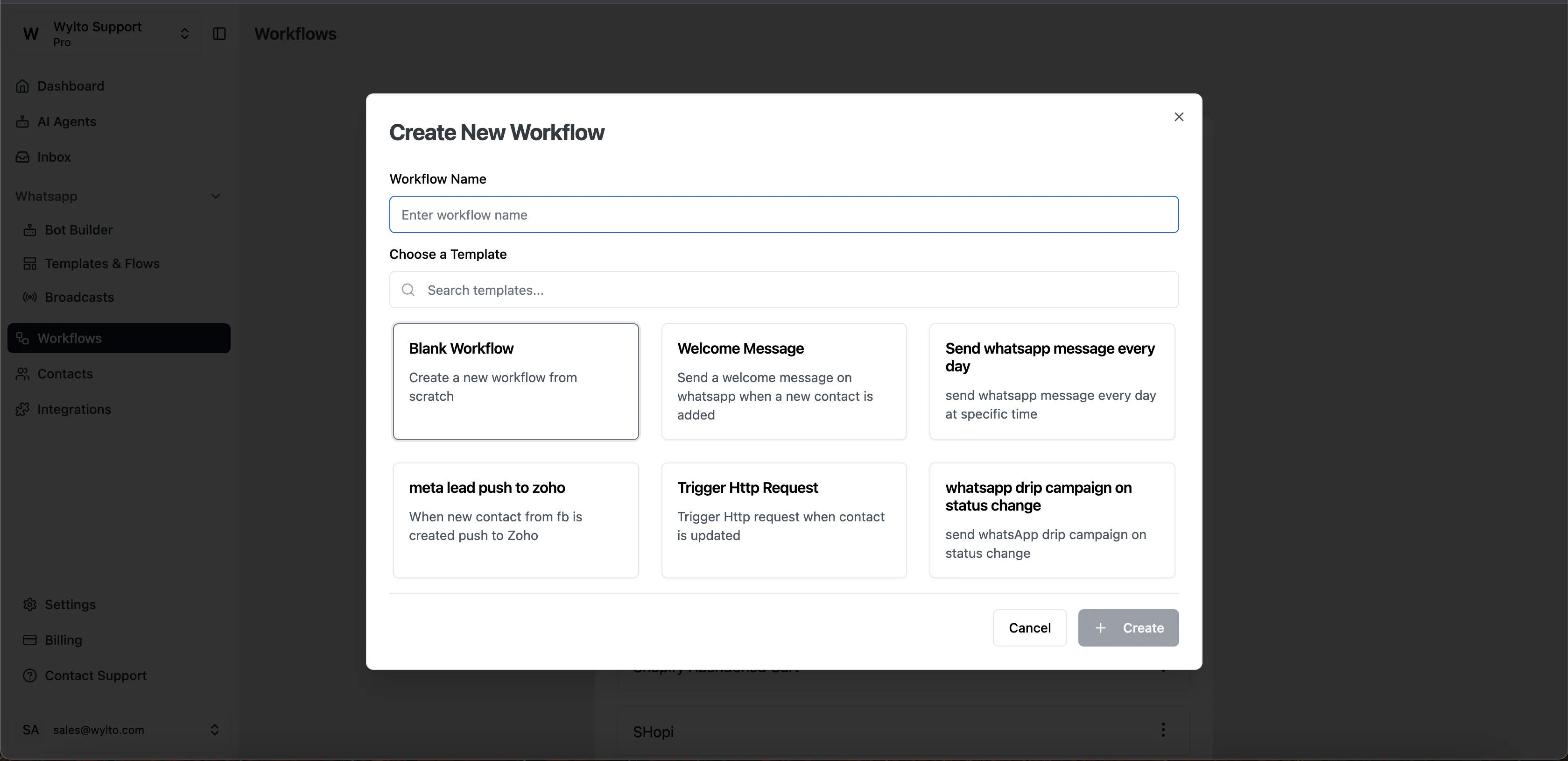 The Create New Workflow dialog — name your workflow, pick Blank Workflow (or a ready-made template), then click Create.